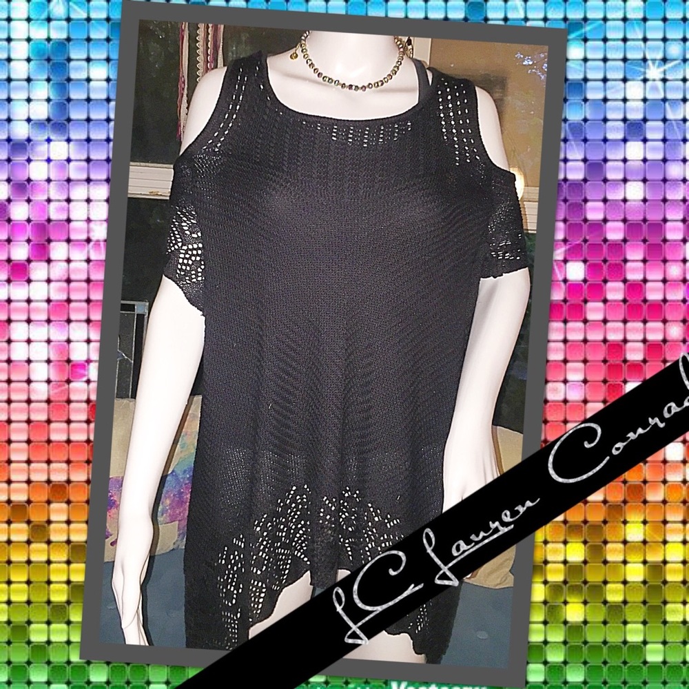 LC Lauren Conrad crochet sweater cold shoulder